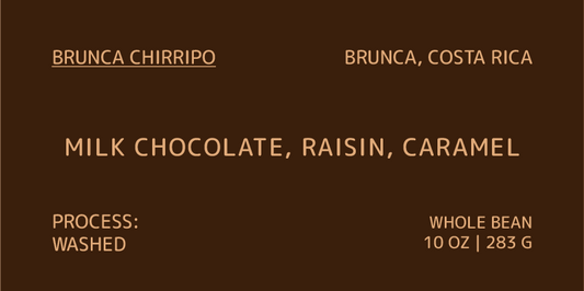 Coffee label for Brunca Chirripo from Costa Rica with chocolate flavor description