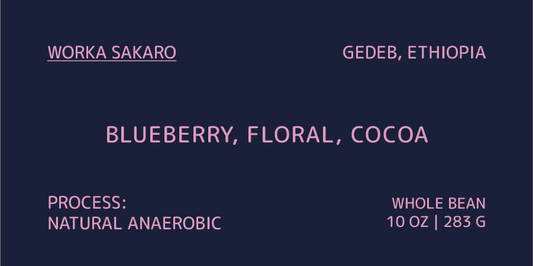 Coffee label with details on origin, flavor profile, and processing method on a dark blue background.